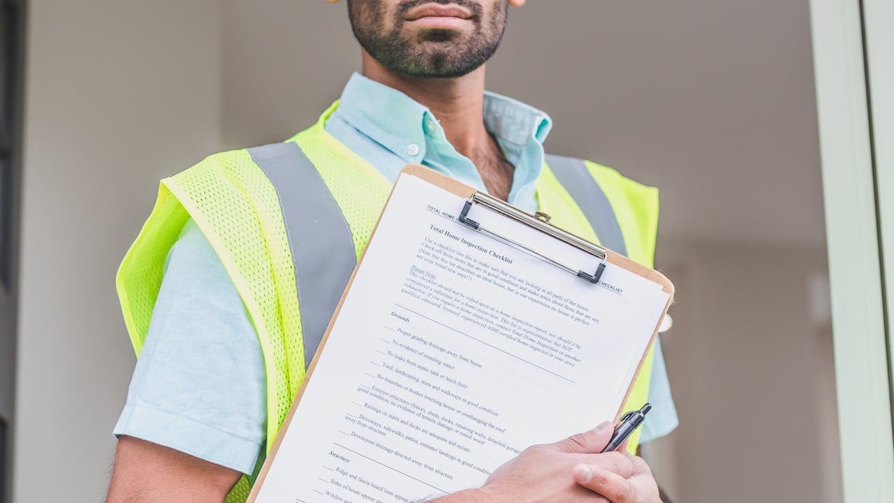 Inspecteur avec un presse-papiers et une checklist de vérification lors d'un contrôle